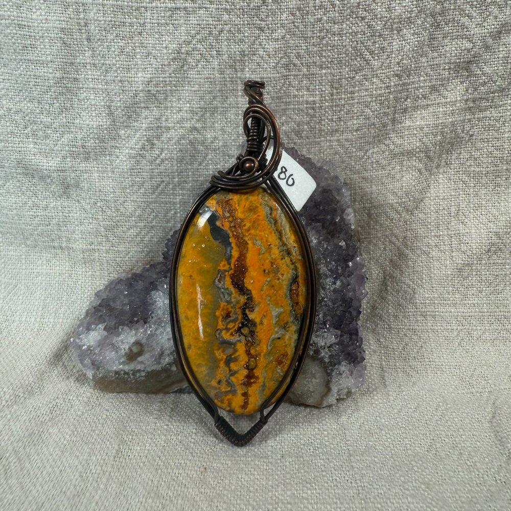 Handmade Oval Bumblebee Jasper Gemstone Copper Wire Wrapped Statement Pendant